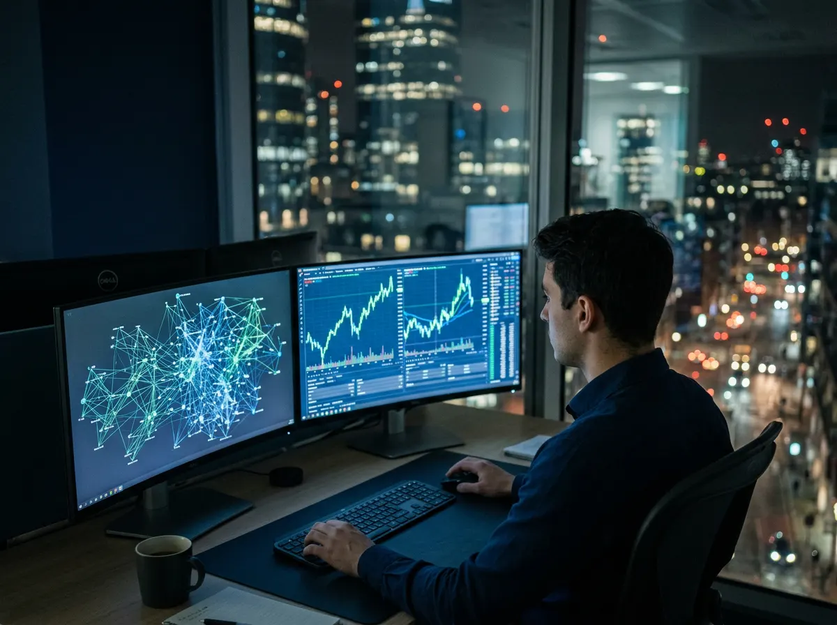 Analyst reviewing on-chain transaction graphs and market charts at night