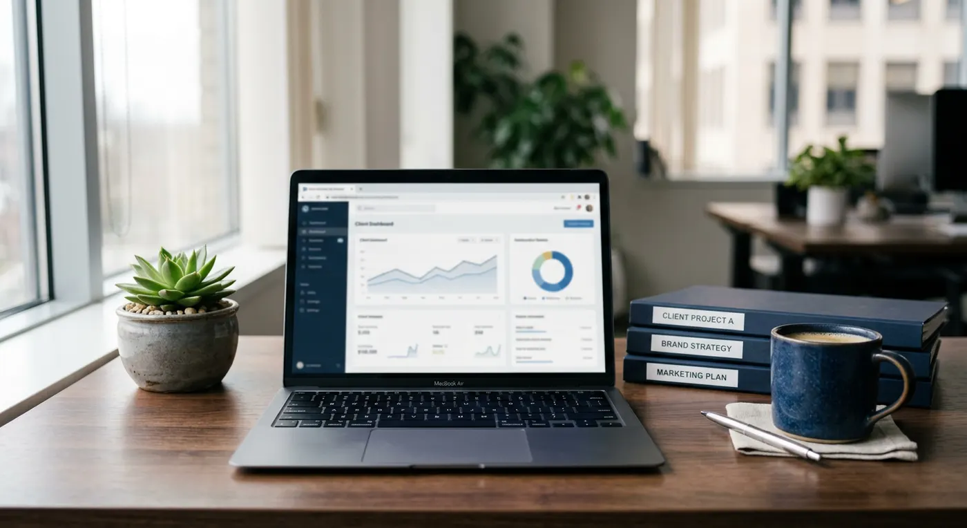 A tidy agency desk with a laptop, labelled client folders and a coffee cup