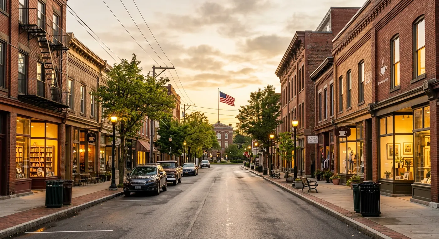 A quiet American downtown street of independent small-business shopfronts at golden hour