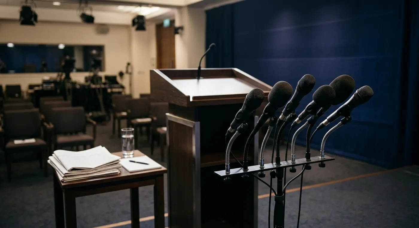 An empty press briefing room with a lectern and broadcast microphones