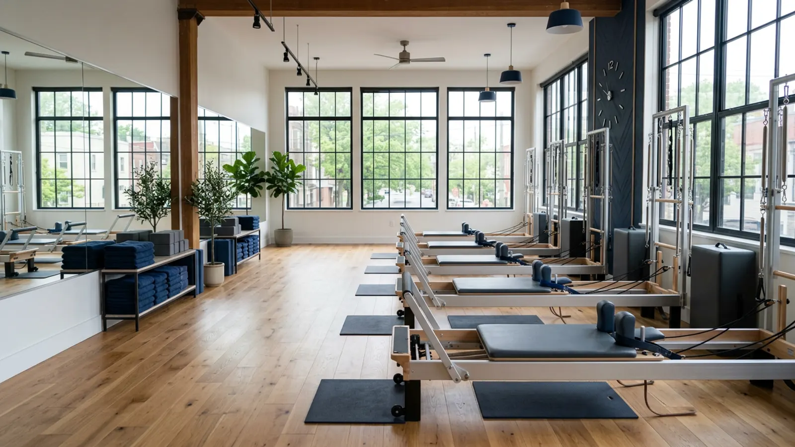 Empty boutique fitness studio with equipment in soft morning light