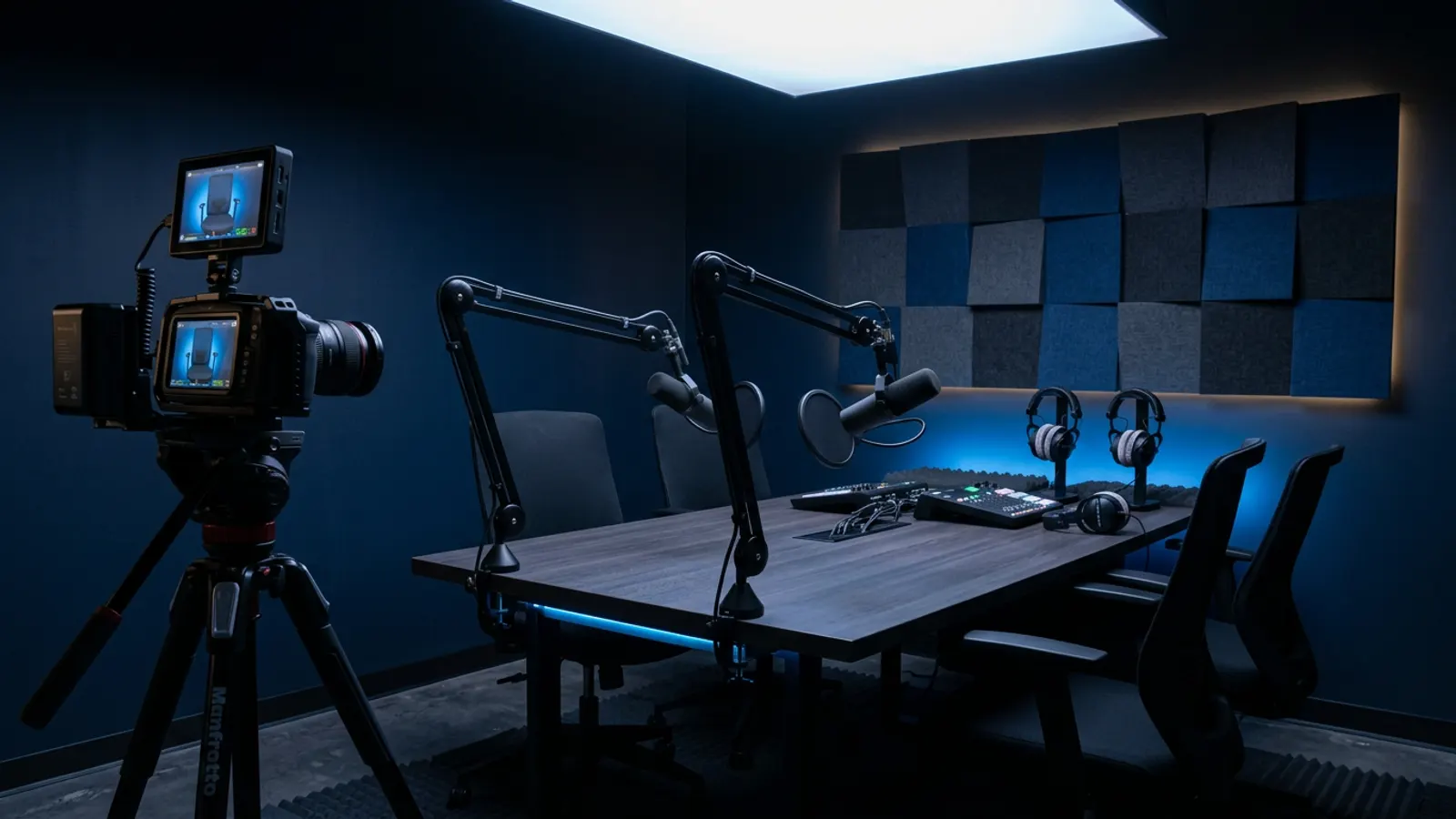 Podcast studio with microphones and acoustic panels in warm light