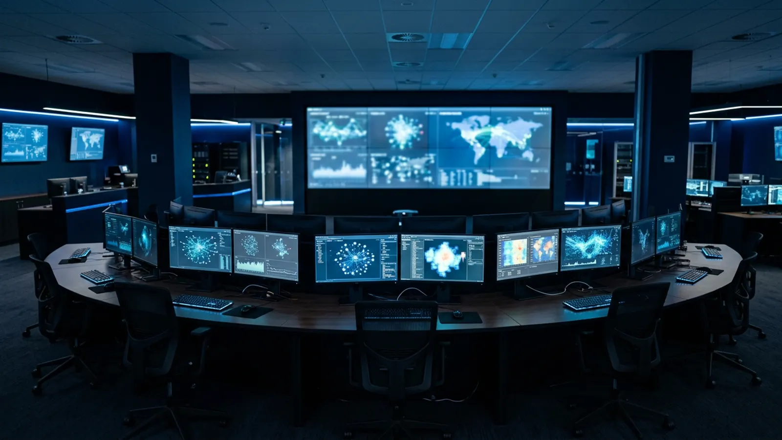 Empty security operations centre with monitors glowing blue