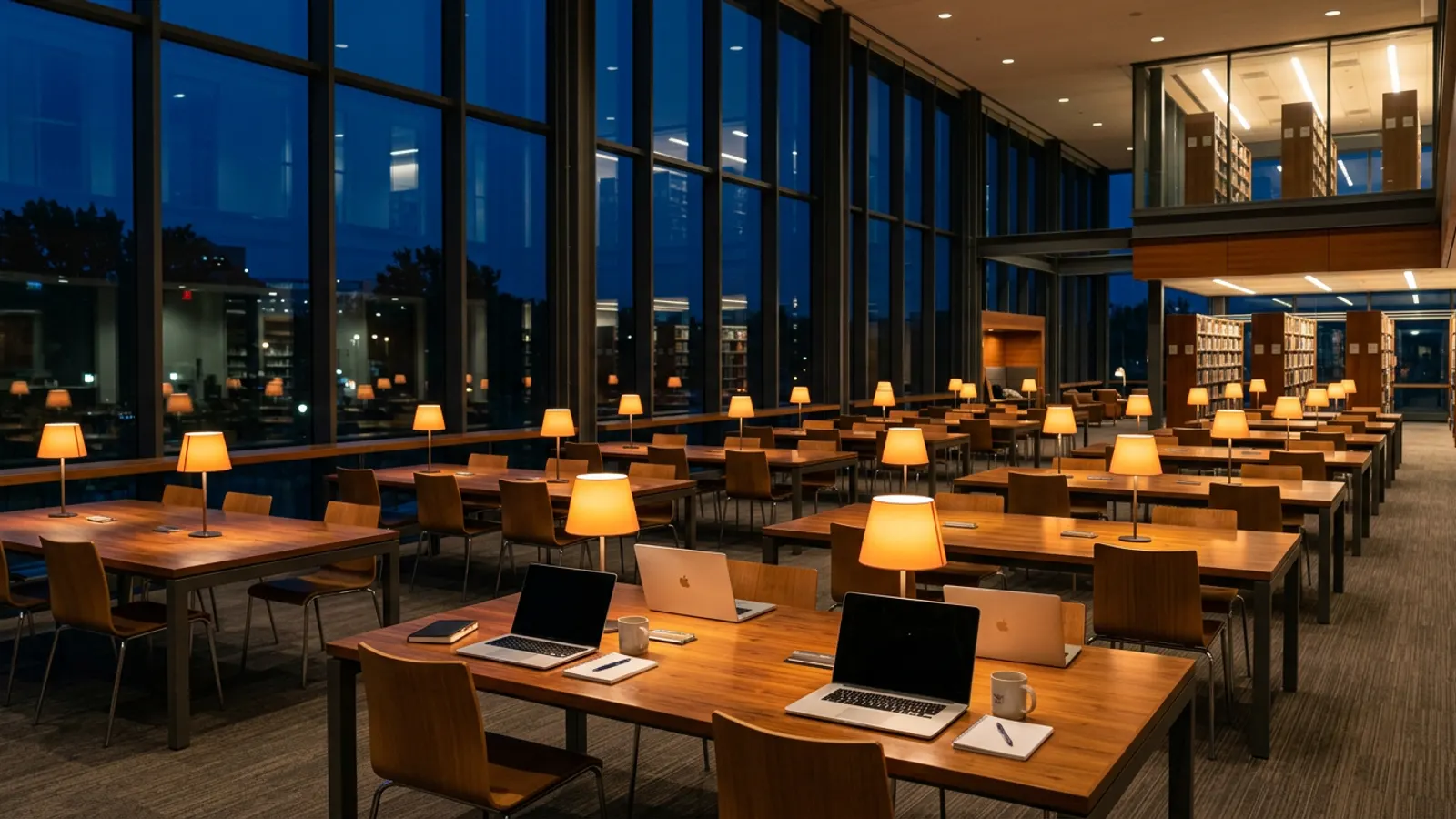 Bright modern learning space with laptops on shared tables