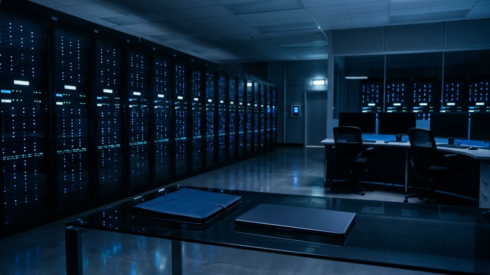 Dimly lit server hall with rows of racks, representing enterprise AI and data infrastructure