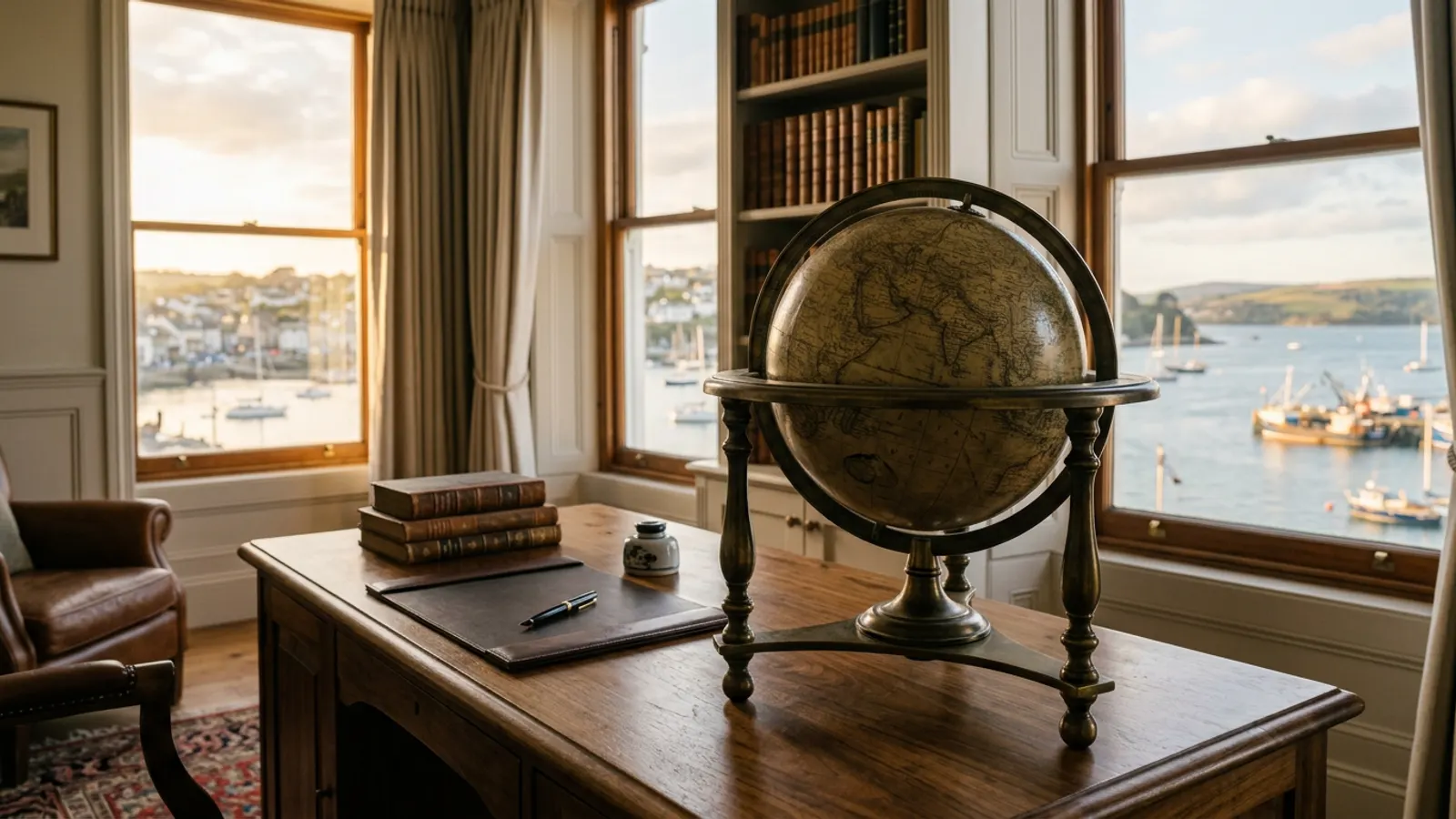 Antique brass globe on a walnut desk with harbour views