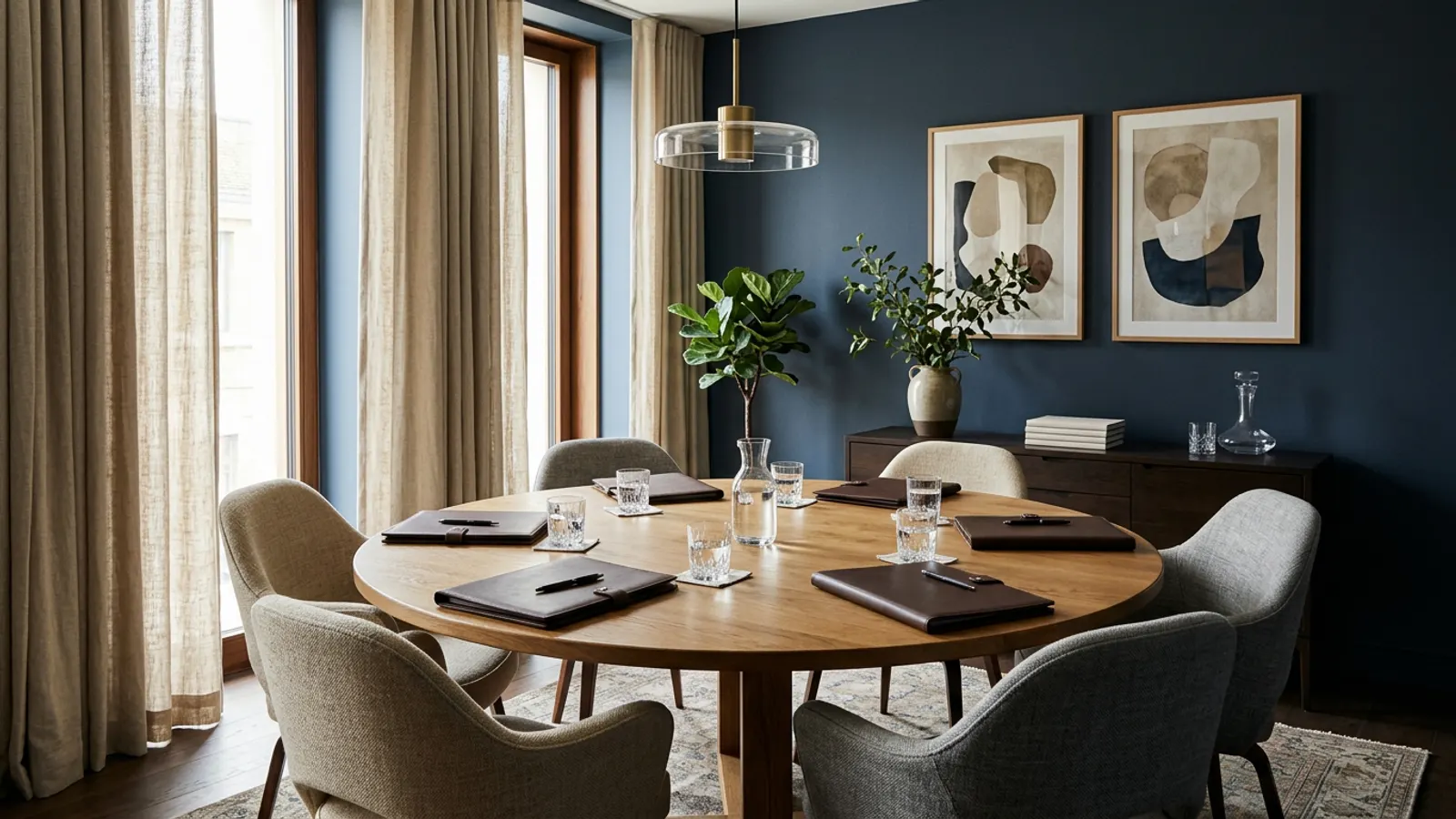 Understated family office meeting room with an oak table and leather folders