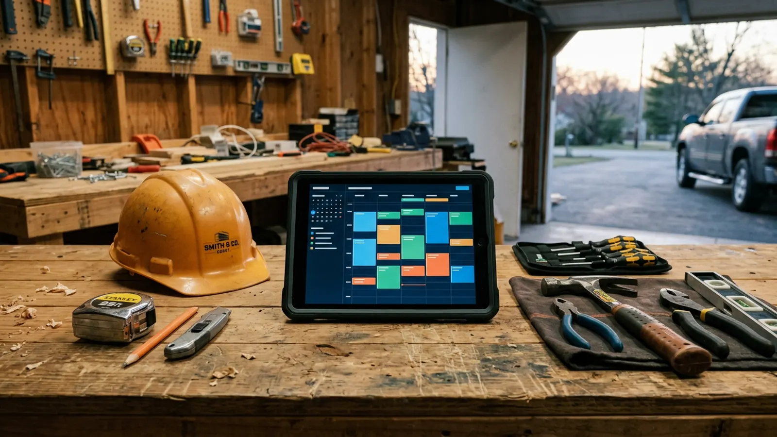 Tablet on a contractor workbench beside neatly arranged tools