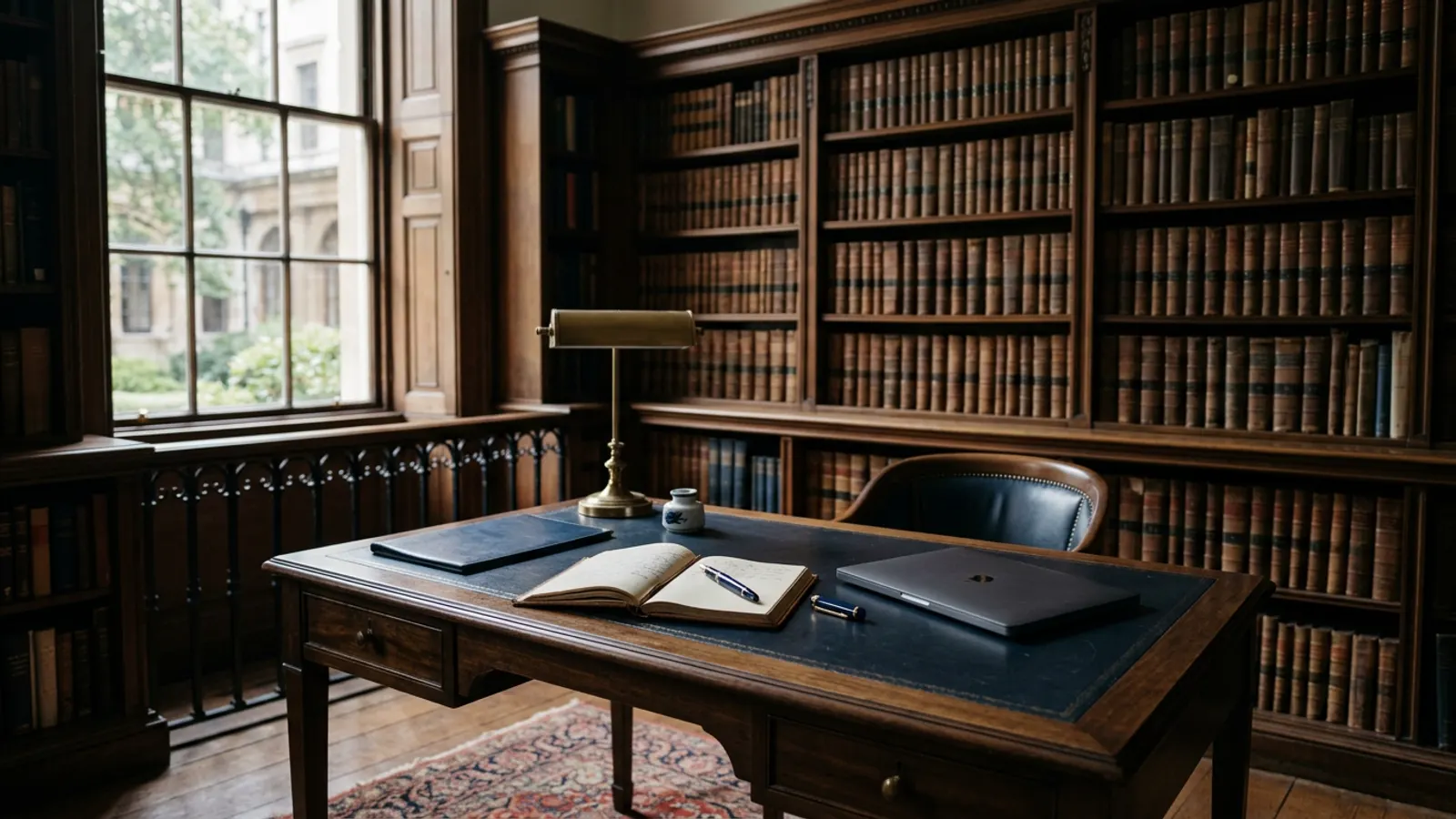 Quiet law library with bound volumes and a leather desk