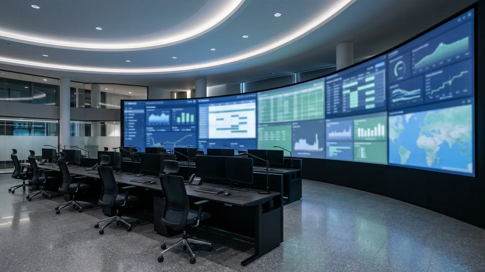 An operations control room with wall screens showing workflow dashboards, representing software embedded at the centre of a customer's daily work