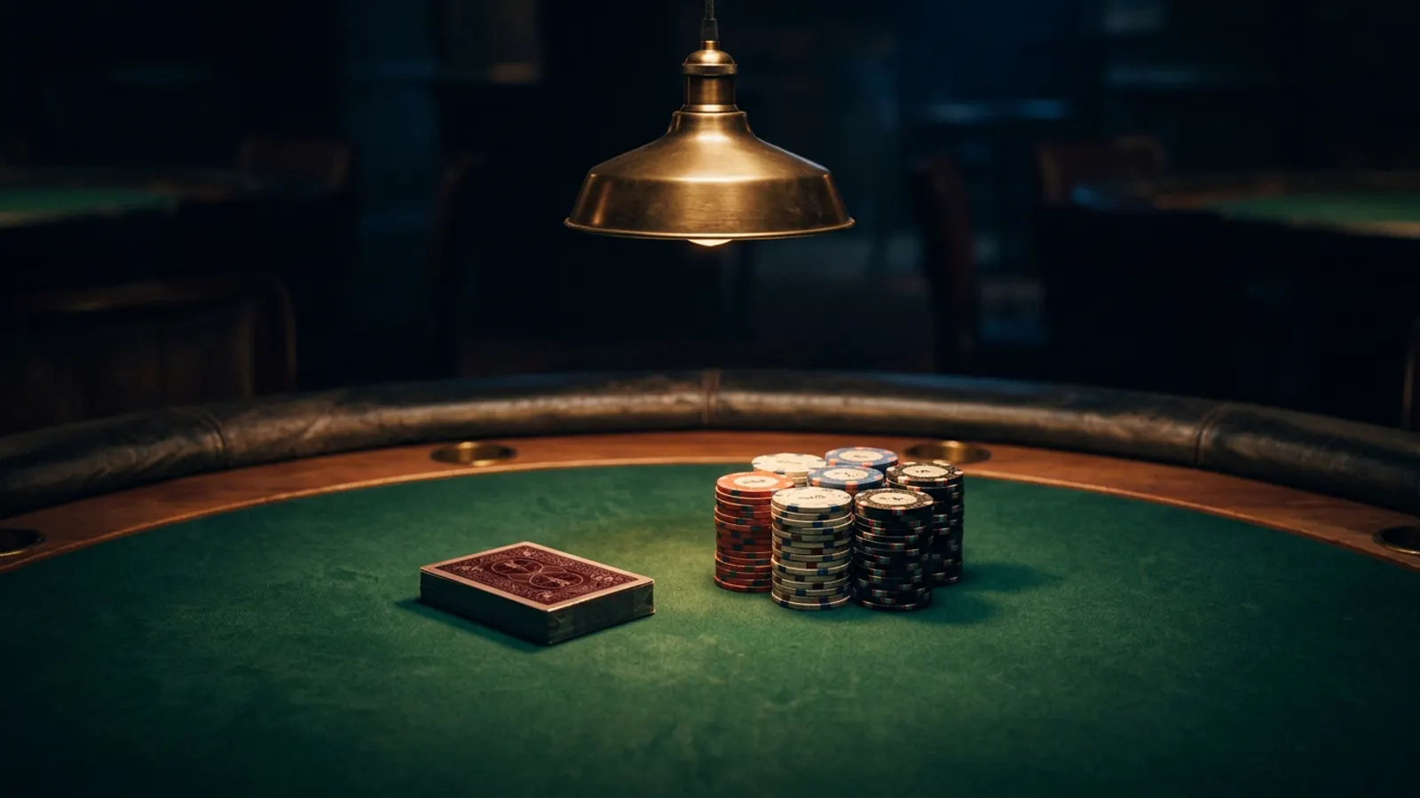 Poker chips and cards on a felt table under a low pendant light