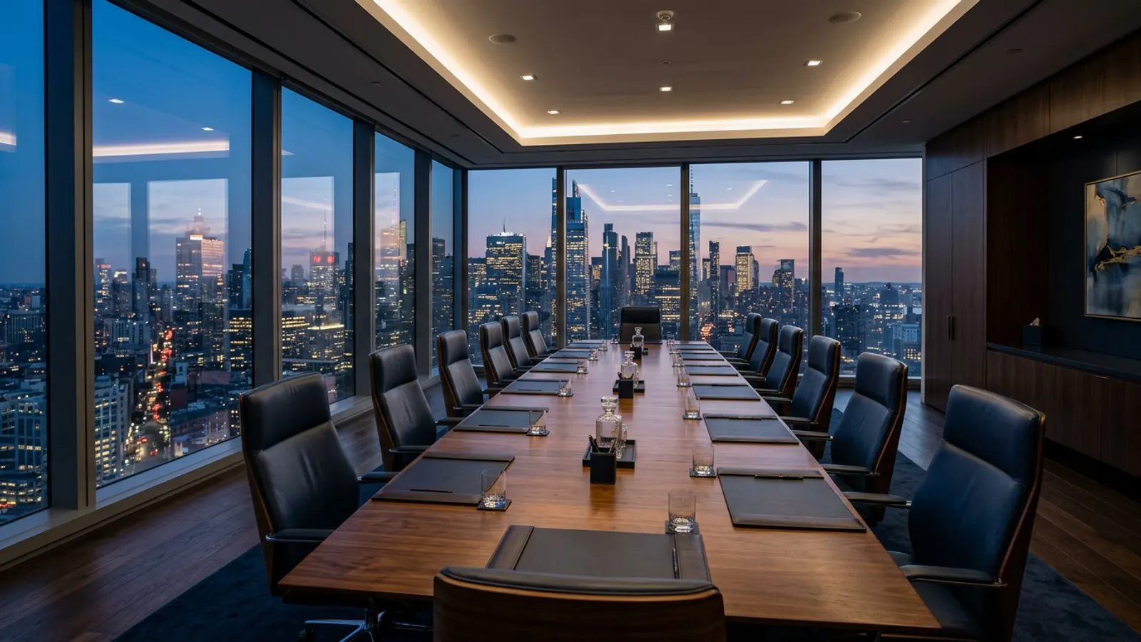 Empty boardroom with long table and city views