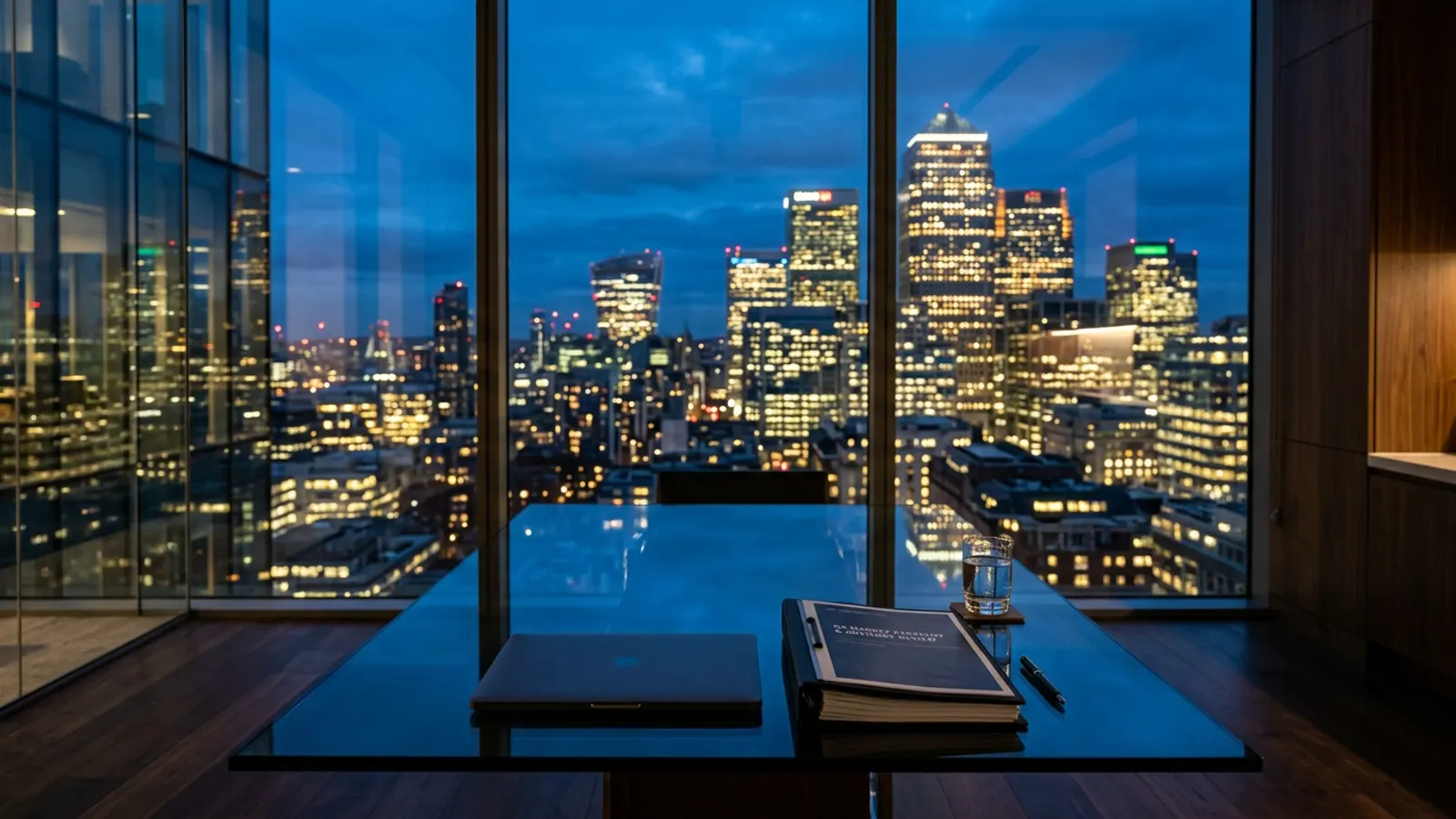 High-rise office at blue hour with documents on a glass table and a city skyline