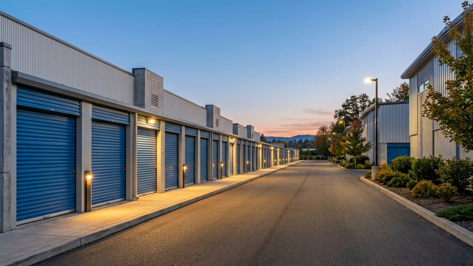 Row of clean self-storage units with roller doors