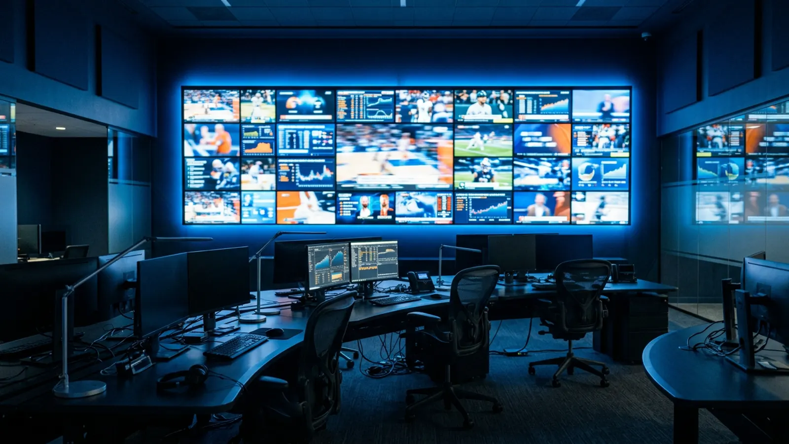 Sports bar wall of screens showing live matches in a dark room