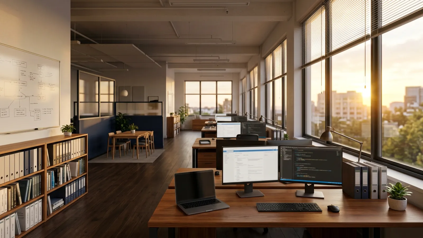 A quiet, sunlit software office after hours, with desks, monitors and printed product manuals, representing a long-established vertical software business