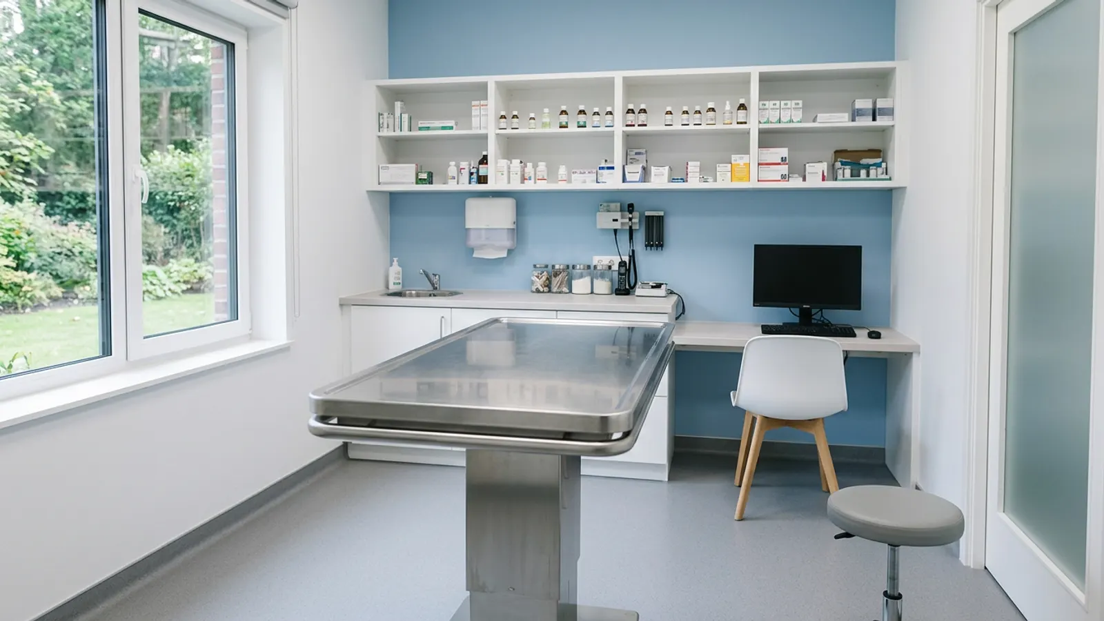 Clean, bright veterinary examination room