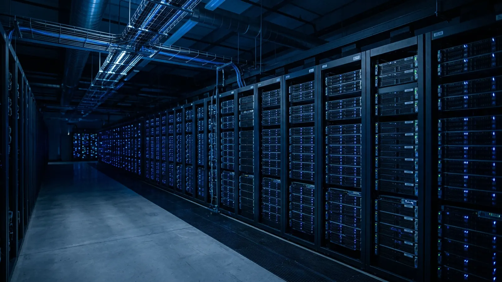 Rows of compact servers with blue status lights in a validator node room