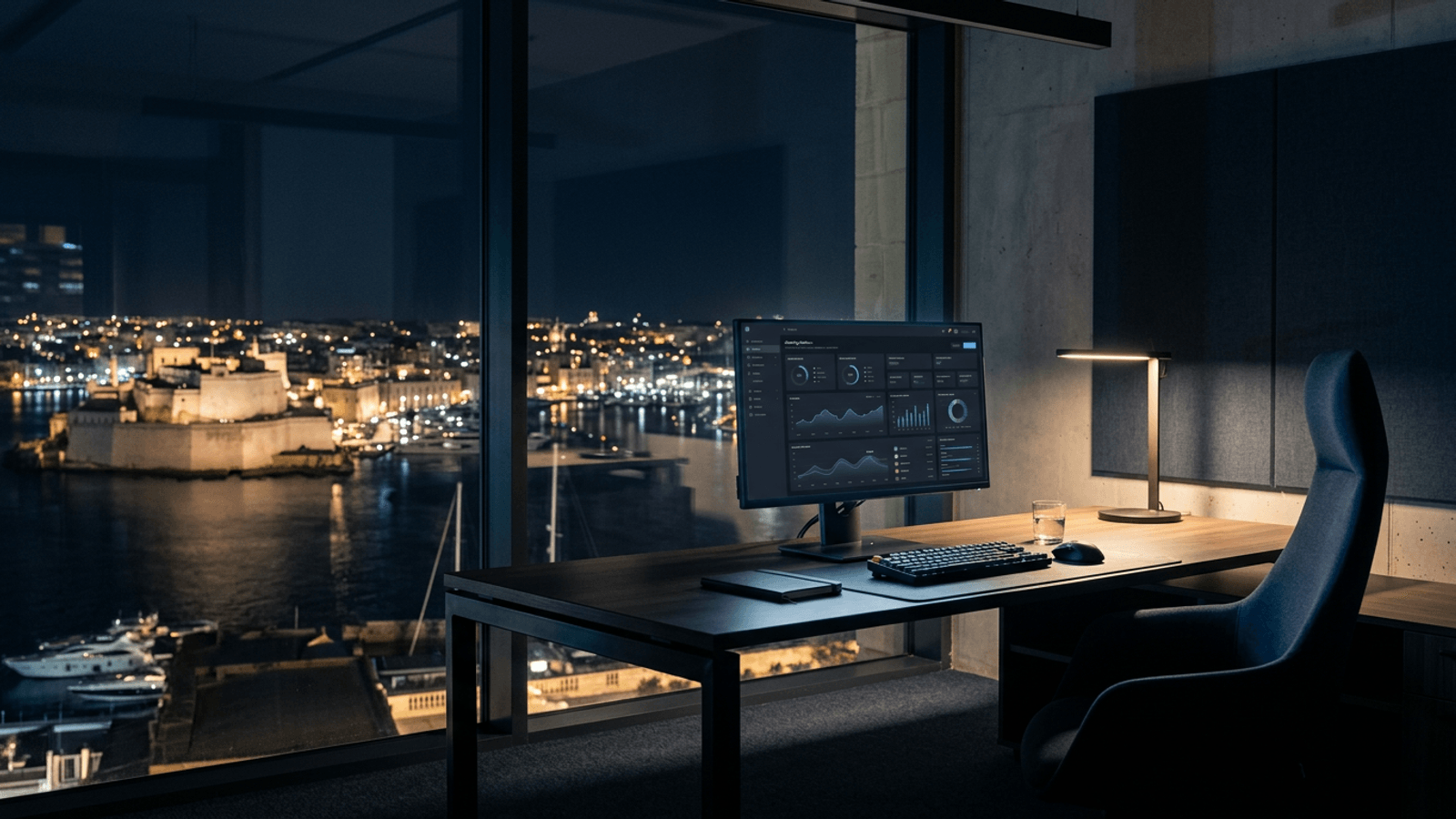 An iGaming platform dashboard on a monitor in an office overlooking a Mediterranean harbour at night