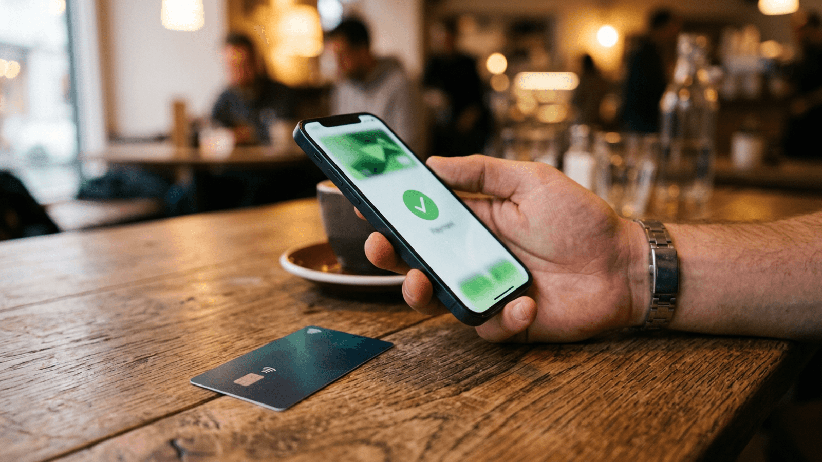 A hand holding a phone showing a payment confirmation beside a contactless card