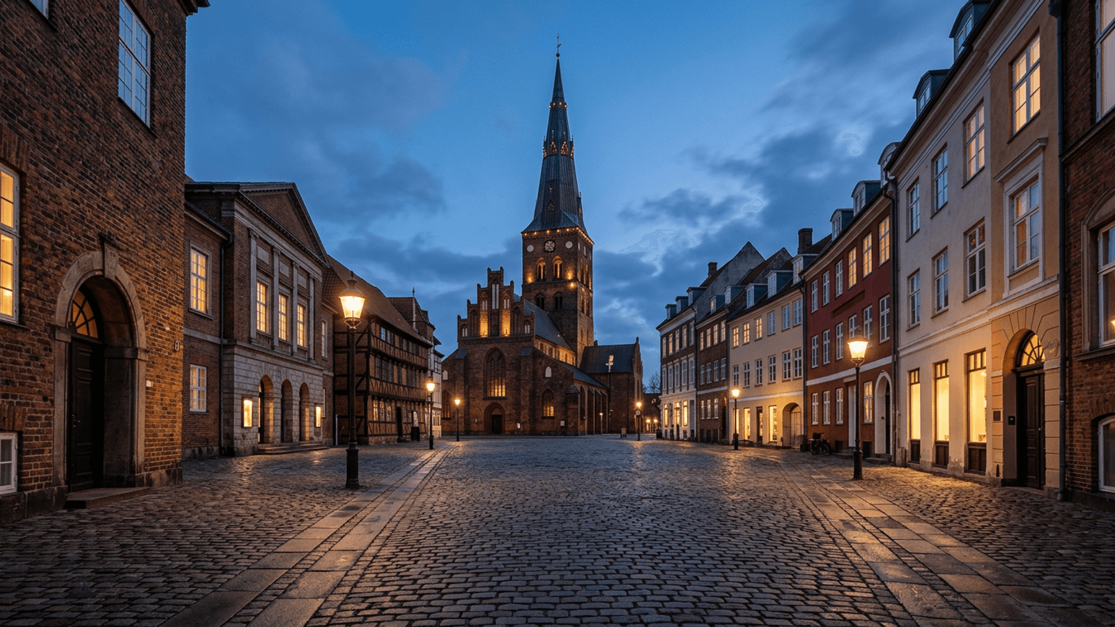 A cobbled square in Aarhus at dusk with historic brick facades and a cathedral spire