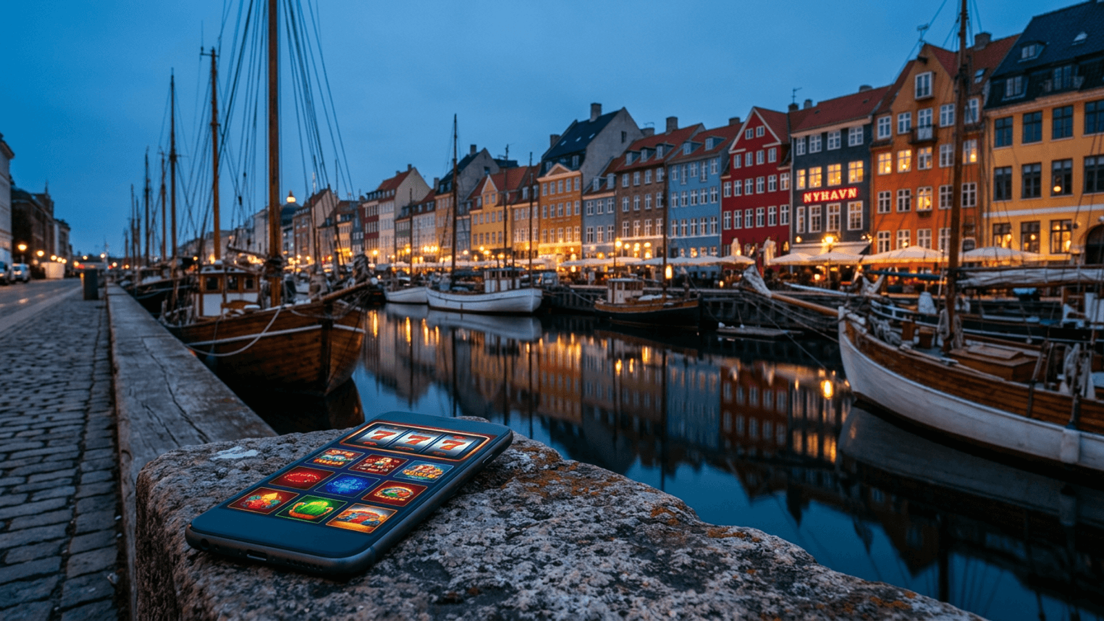 Copenhagen’s Nyhavn harbour at blue hour with a phone showing an online casino lobby on a stone ledge