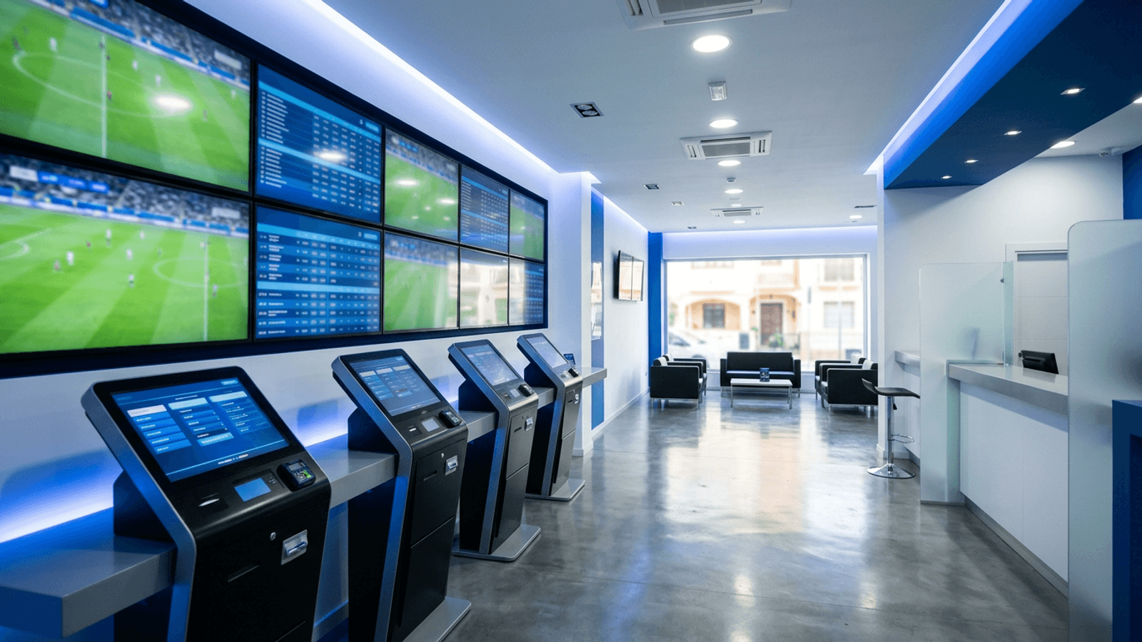 A sports betting shop with a wall of match screens and a row of self-service betting terminals