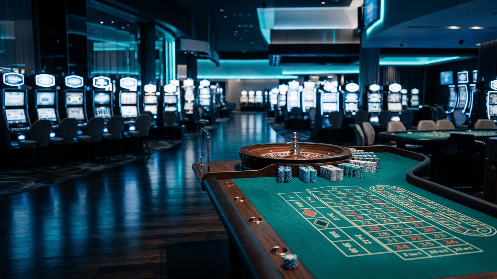 An empty casino floor at night with a roulette table and stacked chips in front of rows of slot machines under blue light