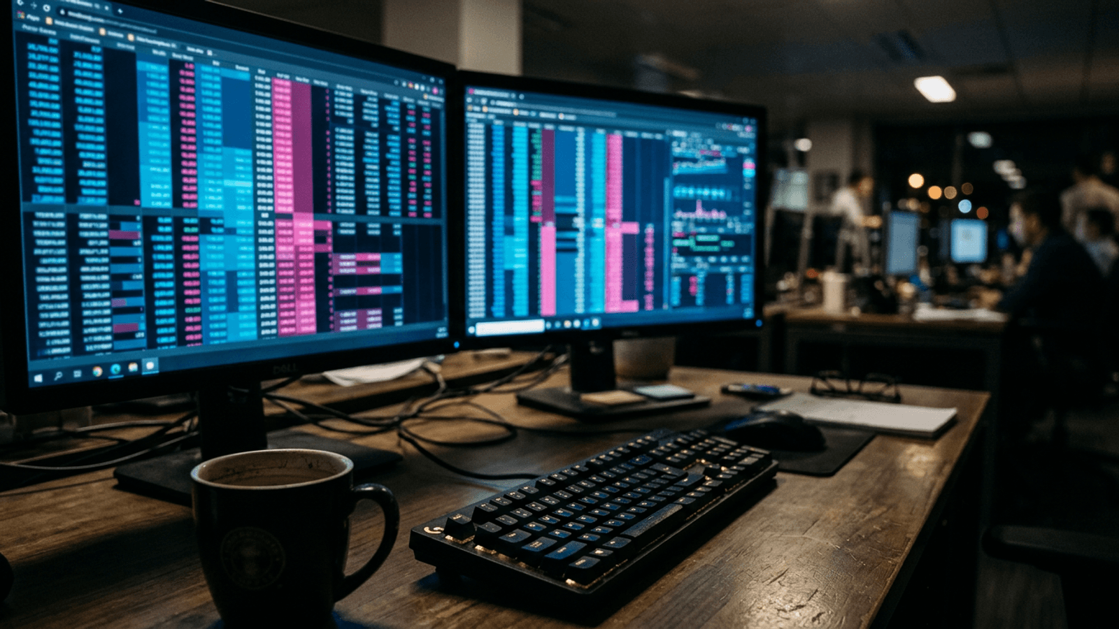 Two trading monitors showing back and lay price ladders on a desk at night