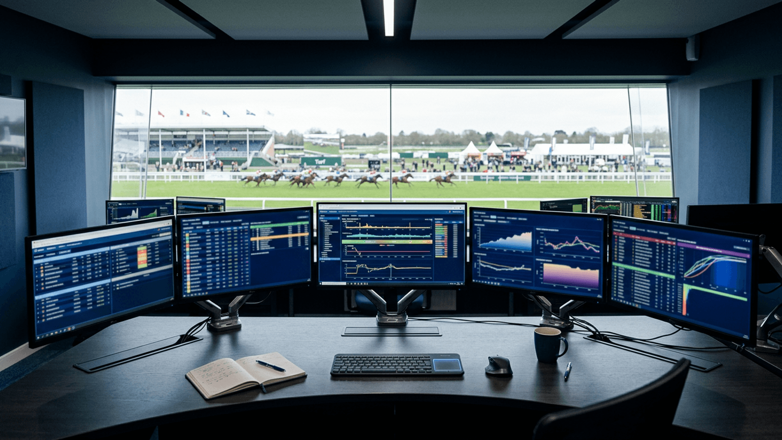 Monitors showing race form tables, sectional times and live odds charts beside a racecourse window