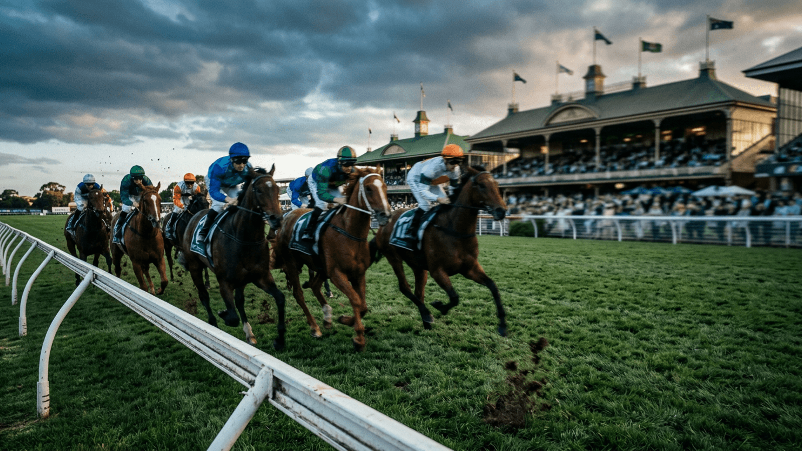 Thoroughbreds racing along the rail at an Australian racecourse in late afternoon light