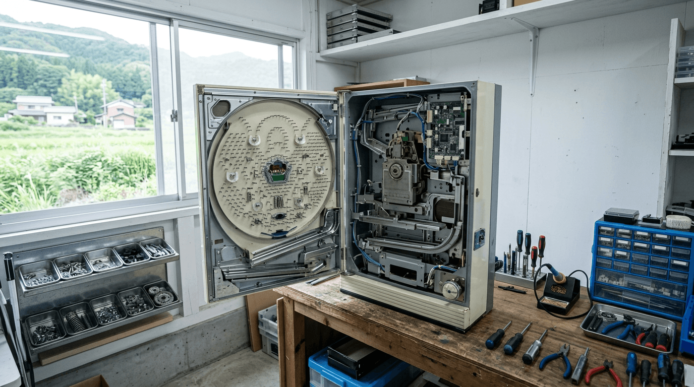An open pachinko cabinet on a workshop bench showing its nail board, ball rails and circuit boards