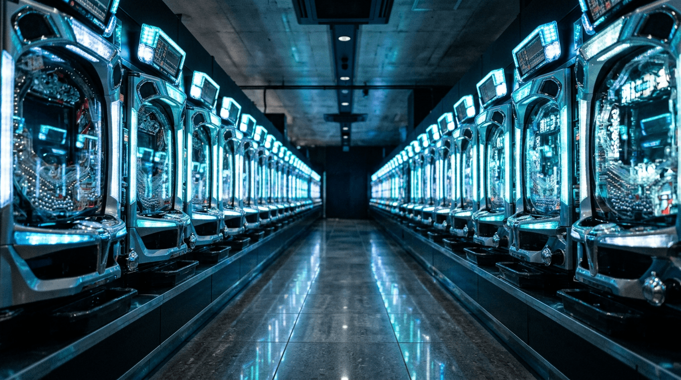A long aisle of lit pachinko machines in an empty Japanese pachinko hall