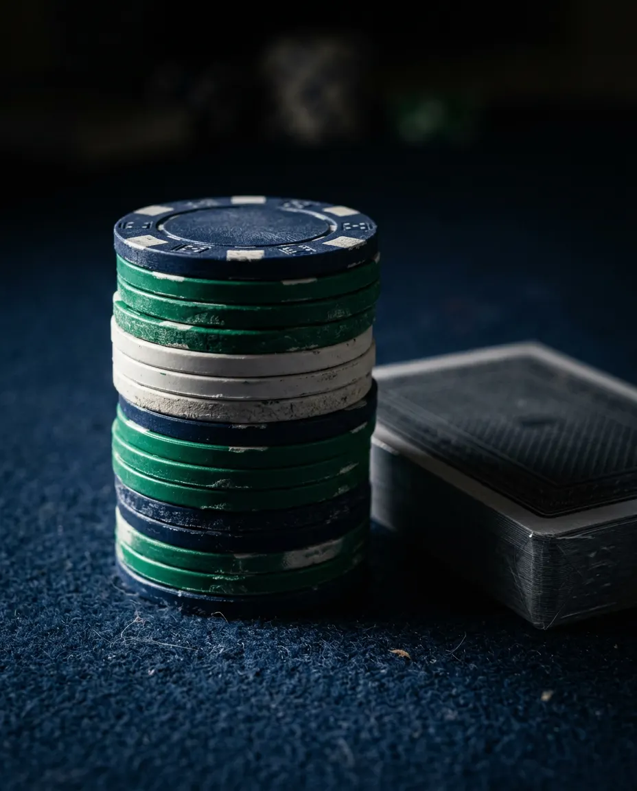 Stack of navy, white and green casino chips on dark blue felt beside a deck of cards