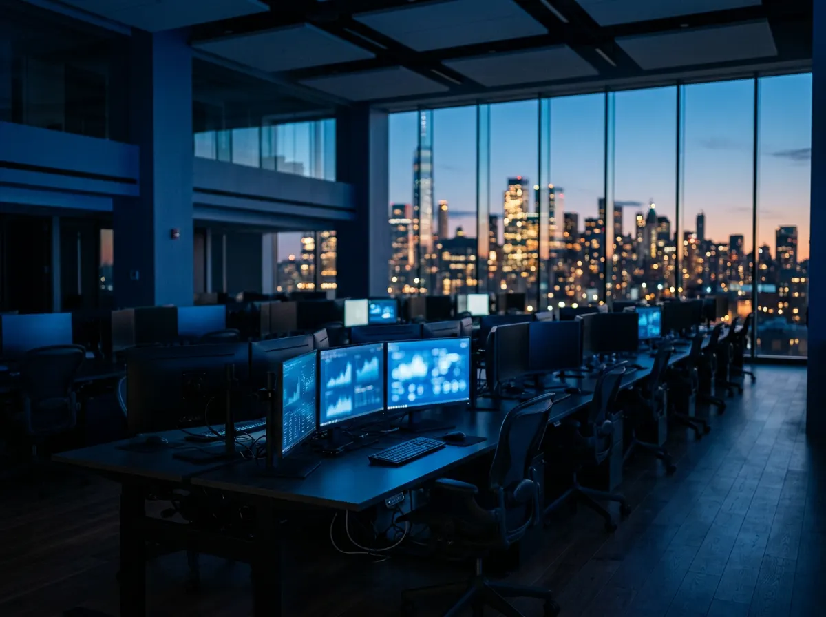 Empty sportsbook trading room at dusk with monitors glowing over a city skyline