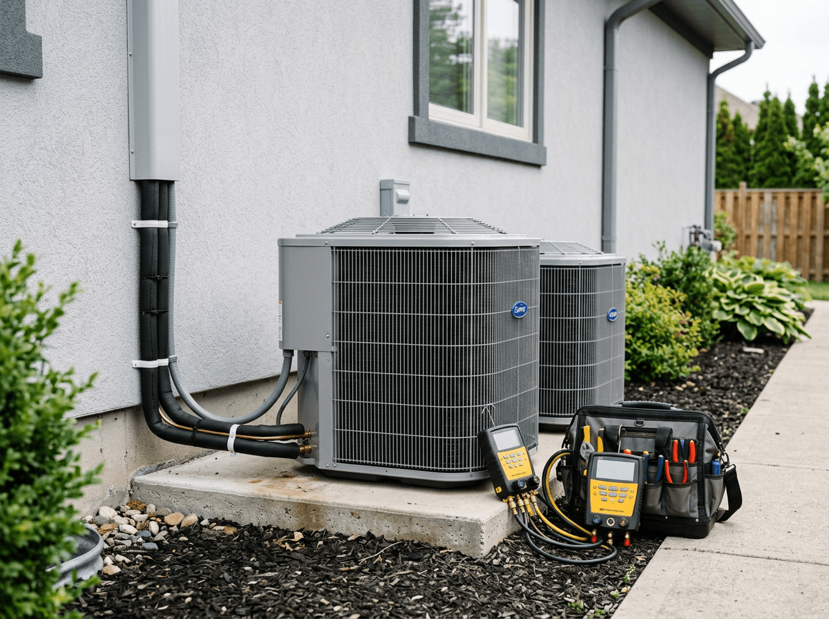 Residential HVAC condenser units with a technician's gauge set beside them