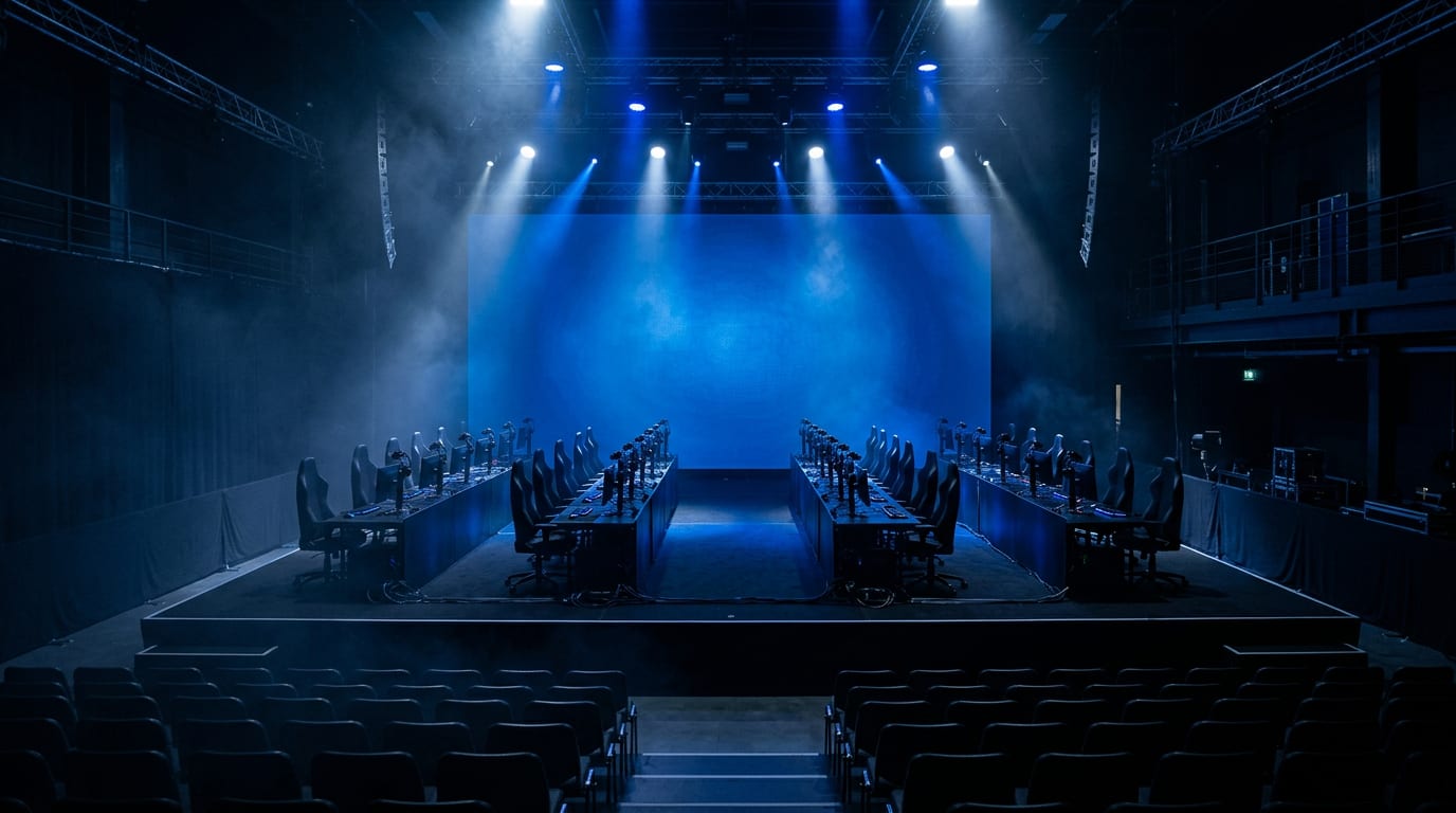 A live gaming arena stage with facing rows of competition stations under blue light