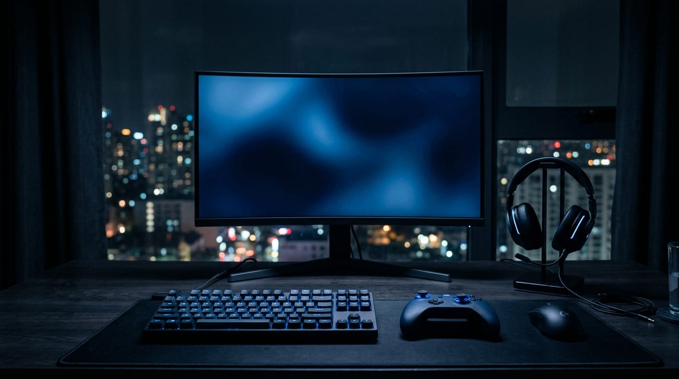 A game controller and keyboard in front of a glowing blue monitor