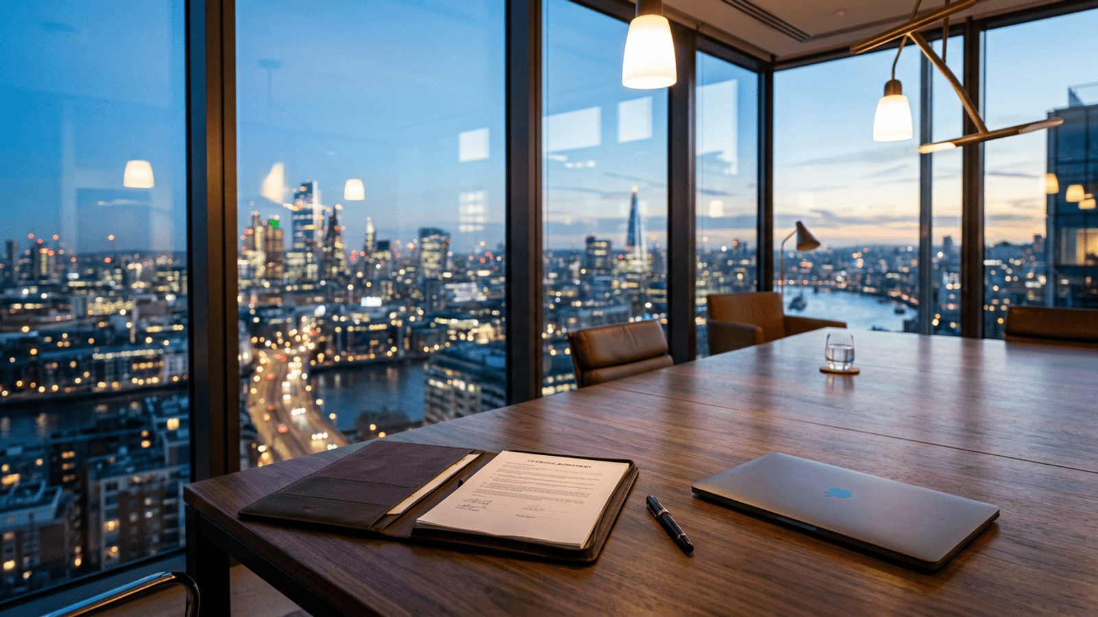 A signed agreement in a leather folder on a boardroom table at dusk with a city skyline behind