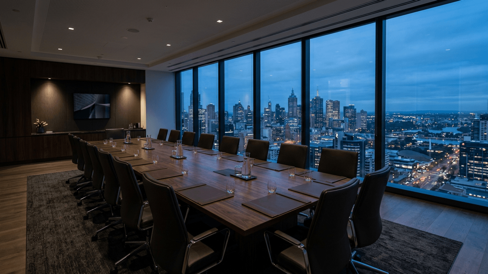 An empty boardroom with a long timber table overlooking a city skyline at dusk