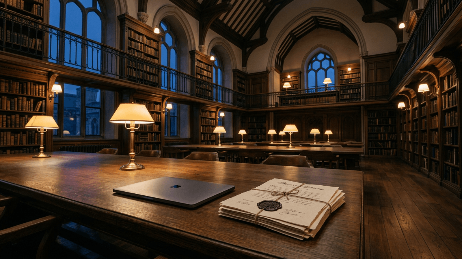 A grand library reading room at dusk with a laptop and a neat stack of signed documents on an oak table