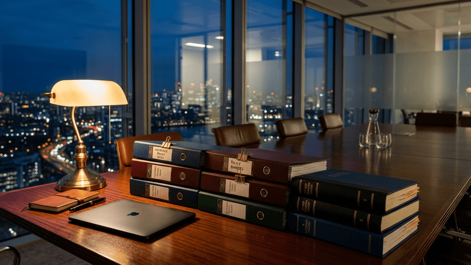 Insurance policy binders and accounting ledgers on a boardroom table at dusk, with a closed laptop pushed aside