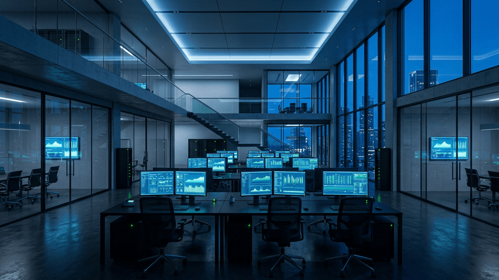 An empty modern research office at blue hour with rows of glowing monitors and glass meeting rooms