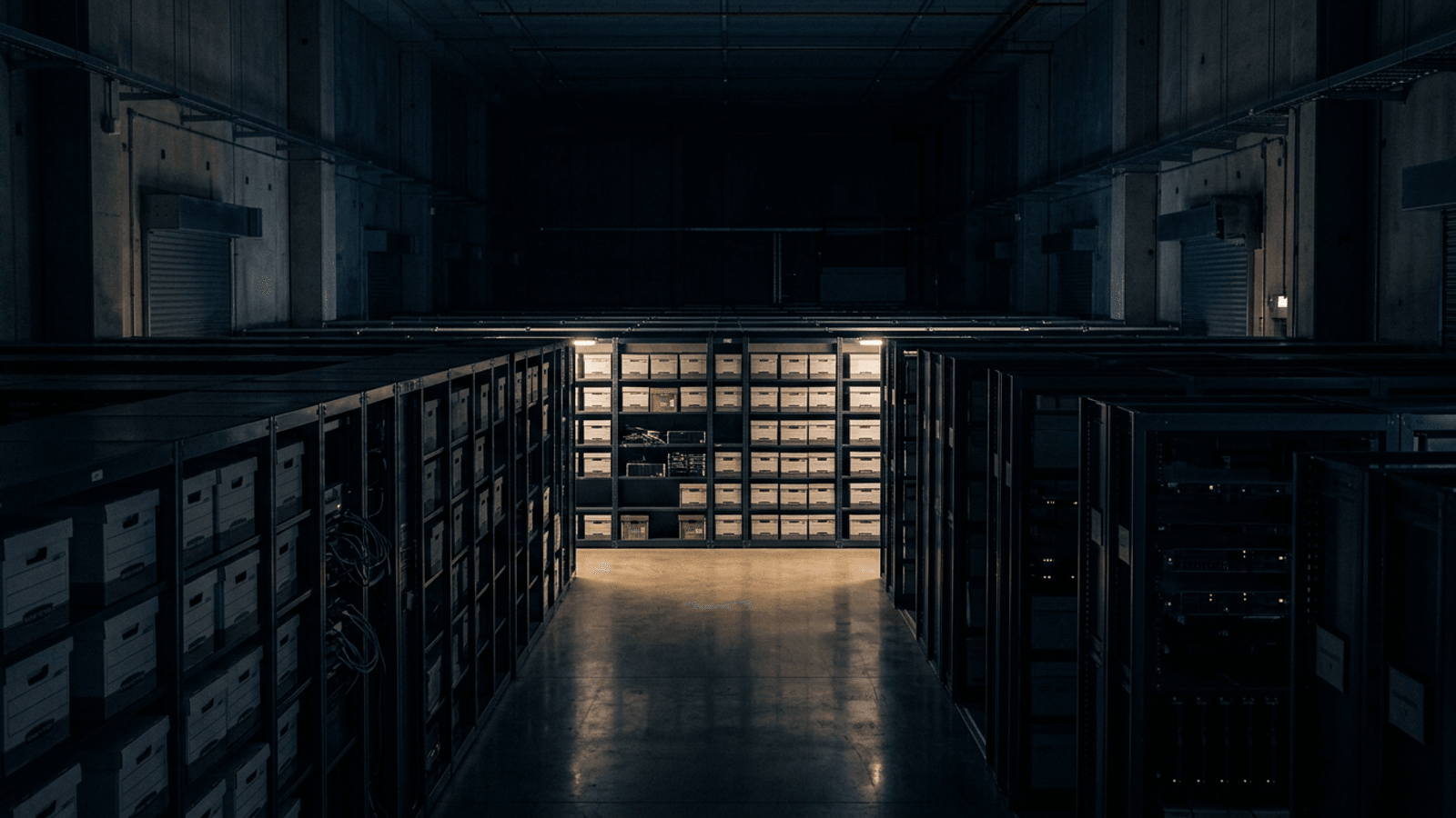 A quiet private archive vault at night with long rows of shelving and one lit aisle