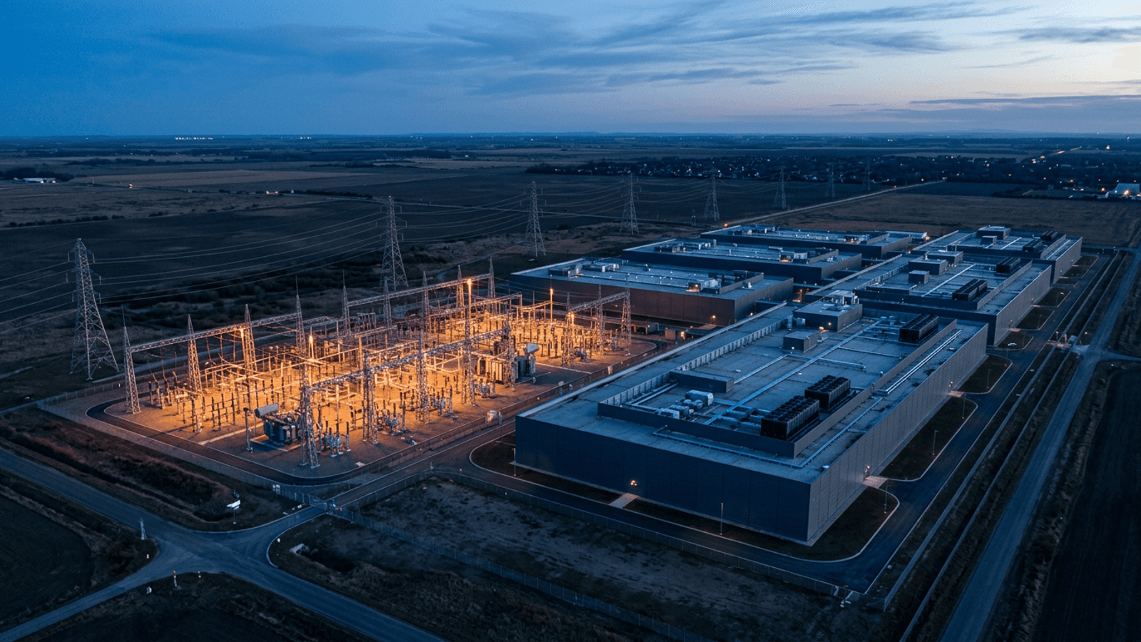 Aerial view at dusk of a high-voltage substation beside a hyperscale data centre campus