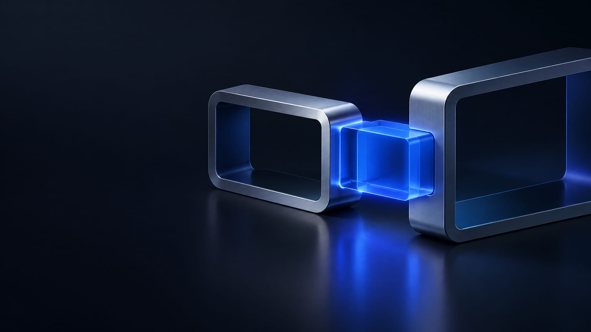 Abstract editorial illustration of a technology component connecting two operating platforms