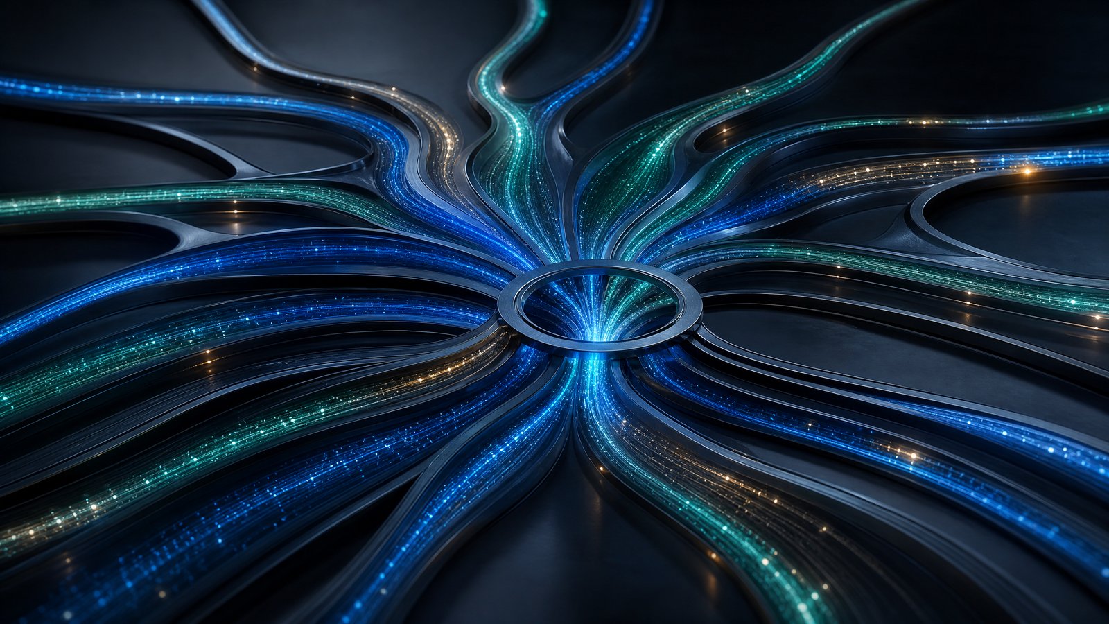 Abstract editorial visual of an intelligent logistics network distributing signals from a central operating hub.