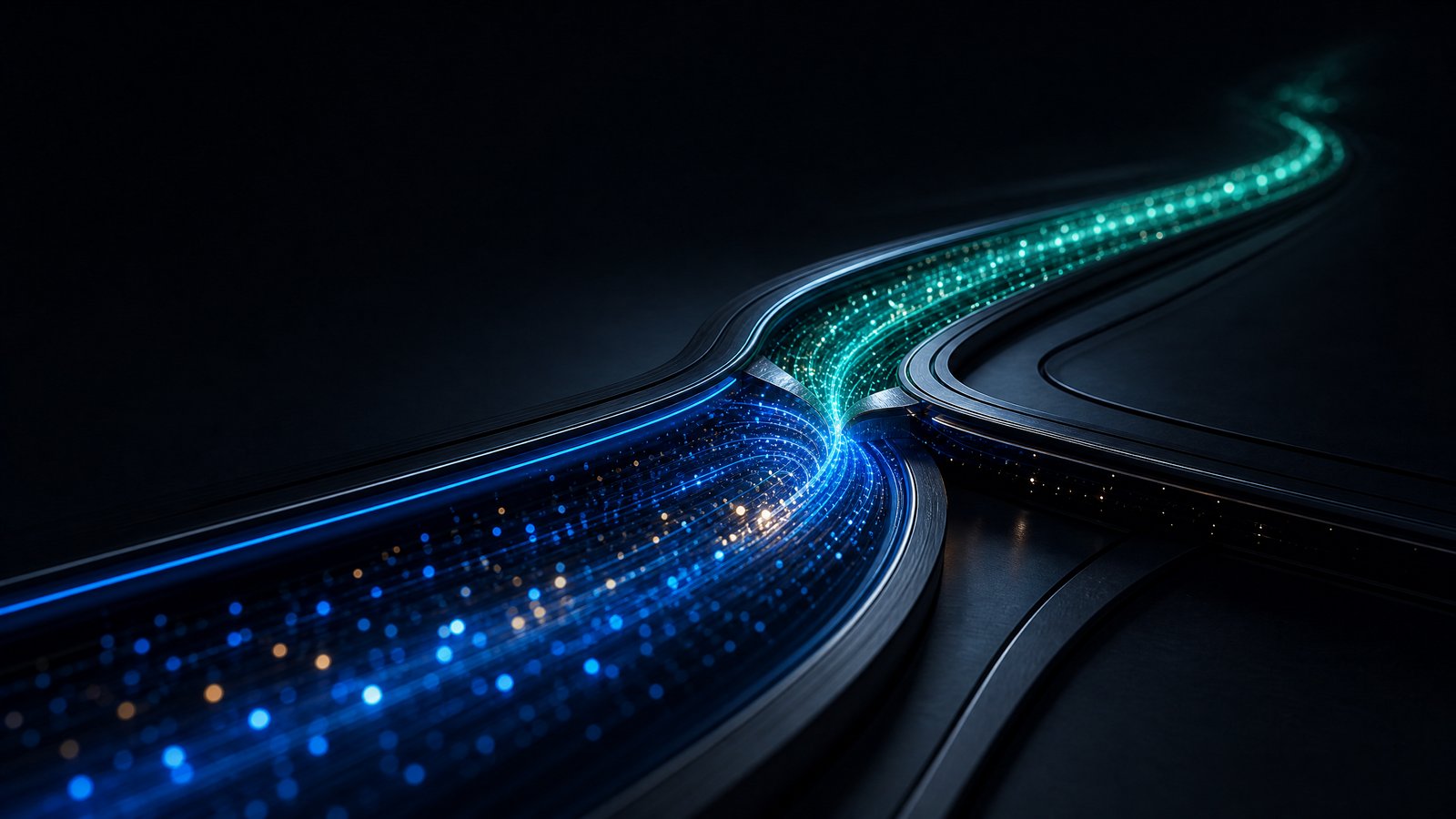 Abstract editorial visual of a continuous intelligent logistics route extending beyond a converged operating junction.