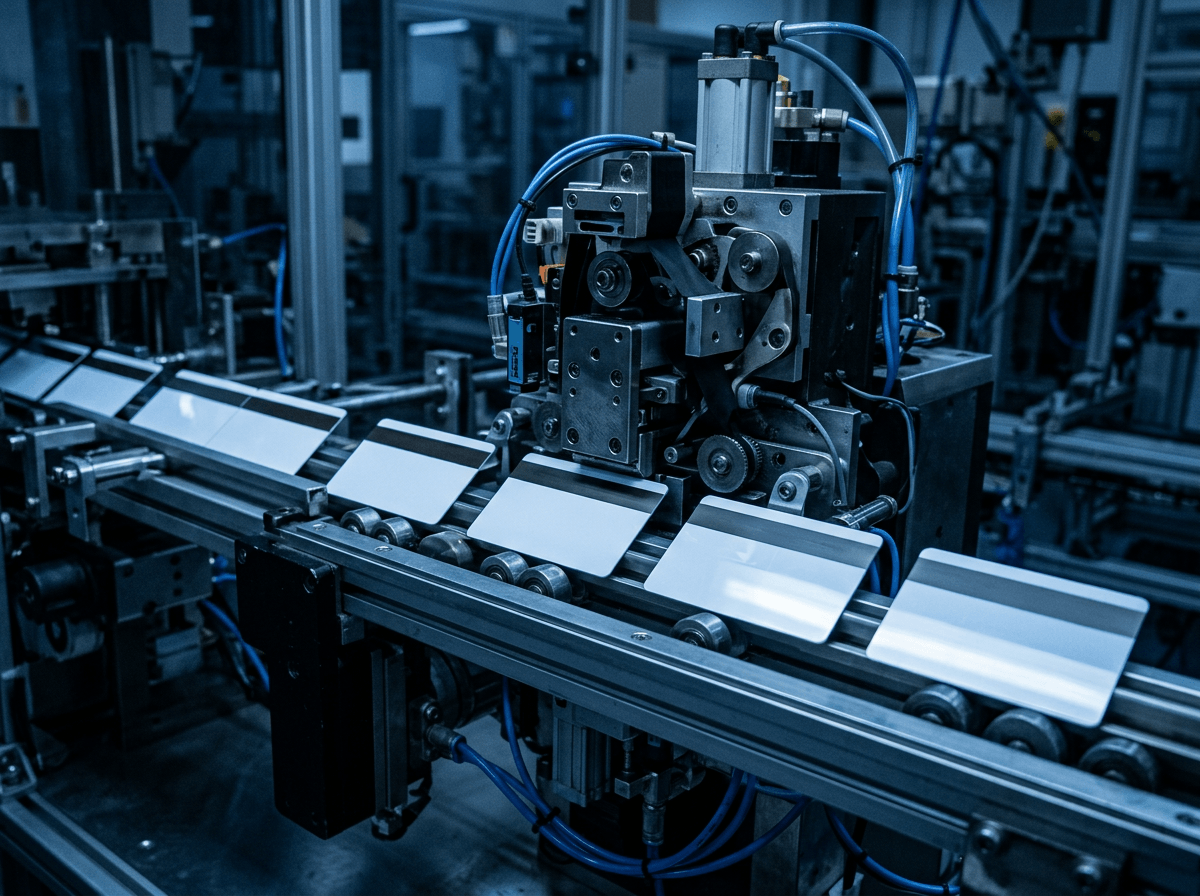 Rows of blank payment cards moving through a card personalisation line in a bright, secure facility.