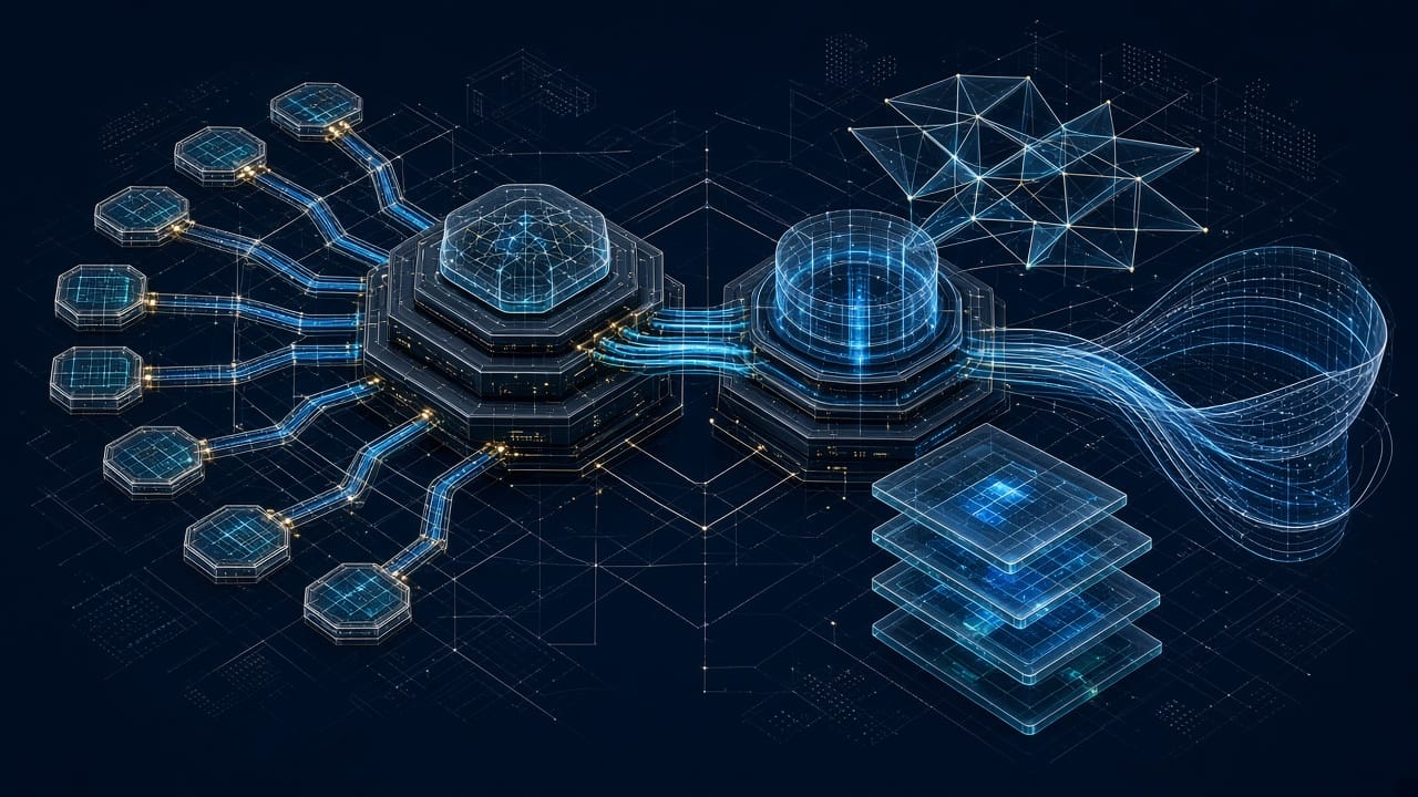 Abstract 3D isometric infrastructure schematic mapping the corporate combination and technology data flows between OpenBet and OmniLogic